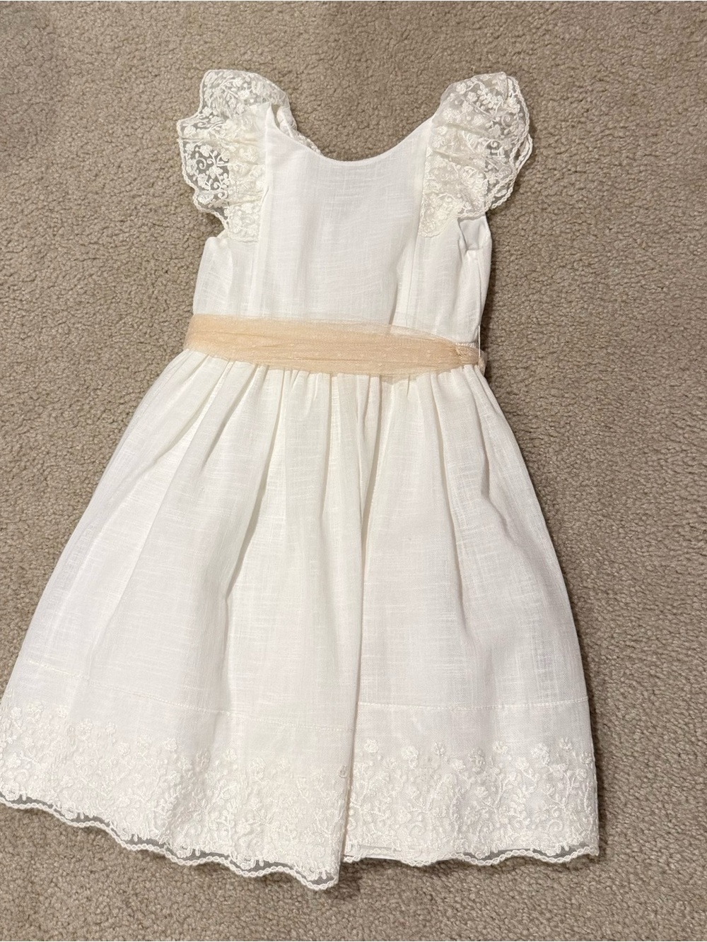 Mayoral White Lace Flutter-Sleeve Dress with Beige Sash